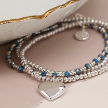 Silver Plated & Blue Bead Bracelet with Heart Charm by Peace of Mind